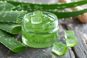 ai generato aloe gel nel un' cosmetico vaso e fresco aloe le foglie su un' di legno tavolo foto