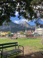 un' panchina sta sotto un' albero nel il parco contro il fondale di montagne e case foto