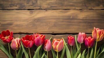 ai generato fresco primavera tulipano fiori confine con copia spazio foto