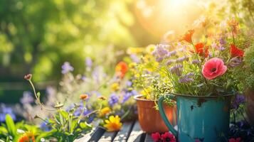 ai generato giardinaggio concetto. giardino fiori e impianti su un' soleggiato primavera sfondo foto