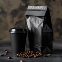 ai generato carta Borsa e tazza di caffè pacchetto Prodotto modello fotografia, ai generato. modello etichetta. foto