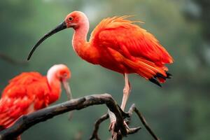 eudocimus ruber su albero ramo. quattro luminosa rosso uccelli scarlatto ibis. foto