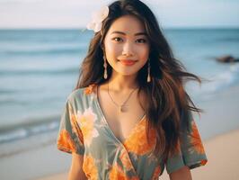 ai generato ritratto di bellissimo asiatico donna indossare fiore vestito su il spiaggia foto