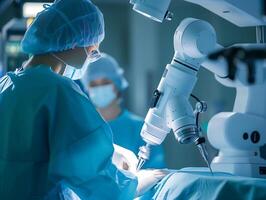 ai generato 3d interpretazione robot mano Lavorando nel operativo camera a ospedale o clinica foto