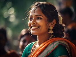 ai generato bellissimo indiano donna nel saree sorridente a telecamera a casa foto
