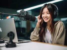 ai generato bellissimo asiatico donna Radio ospite con microfono e cuffie nel registrazione studio foto
