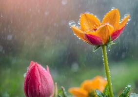 ai generato un' rosa fiore circondato di acqua goccioline nel un' giardino foto