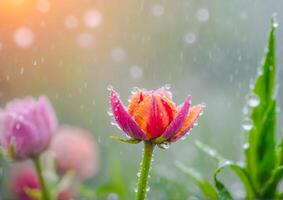 ai generato un' rosa fiore circondato di acqua goccioline nel un' giardino foto