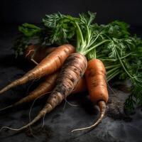 ai generato un' grande carota con cime e terra su un' nero sfondo. nuovo raccogliere foto