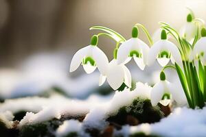 ai generato presto primavera bianca bucaneve fiori avvicinamento su il neve su un' soleggiato giorno. foto