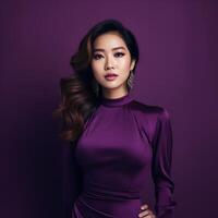 ai generato bellissimo asiatico donna nel viola vestito foto