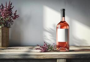 ai generato rosa vino, bottiglia di rosa vino con vuoto etichetta e fiori nel naturale luce del giorno, modello foto