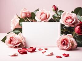 ai generato bellissimo rosa Rose e vuoto carta per il tuo testo su rosa sfondo foto
