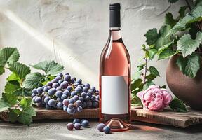 ai generato rosa vino, bottiglia di rosa vino con vuoto etichetta e fiori nel naturale luce del giorno, modello foto