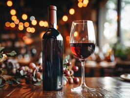 ai generato bicchiere di rosso vino con bottiglia contro rustico buio su di legno tavolo. finto su per design foto