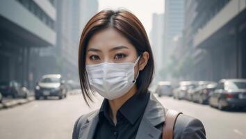 ai generato asiatico attività commerciale donna indossare il n95 respiratorio protezione maschera foto