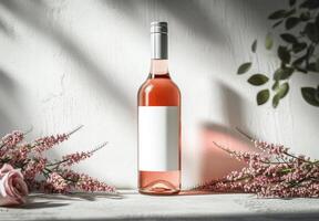 ai generato rosa vino, bottiglia di rosa vino con vuoto etichetta e fiori nel naturale luce del giorno, modello foto