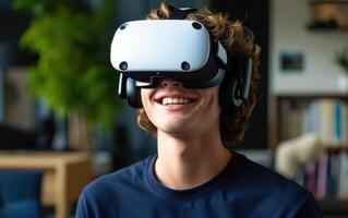 ai generato giovane uomo sorrisi indossare virtuale la realtà cuffia immersa nel un' digitale mondo foto
