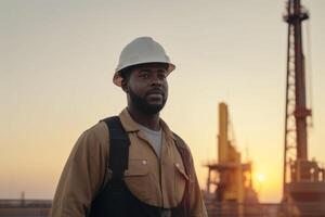 ai generato ritratto grave professionale africano americano etnico uomo maschio petroliere lavoratore ingegnere uniforme elmetto protettivo casco guardare distanza olio pompa campo. industriale sfocato sfondo estrazione attività commerciale foto