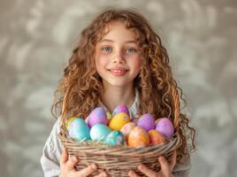ai generato ragazza Tenere cestino pieno colorato Pasqua uova, Pasqua uovo caccia foto