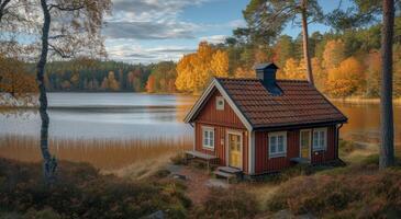 ai generato piccolo Casa di il lago, minuscolo le case concetto foto