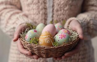 ai generato persona Tenere un' cestino con colorato Pasqua uova, Pasqua uovo caccia immagine foto