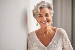 ai generato ritratto di bellissimo più vecchio donna sorridente e in piedi di bianca parete. un' posto per testo, un' bandiera per pubblicità. foto