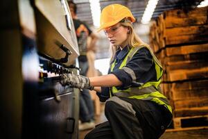 fabbrica ingegnere donna in piedi fiducia per controllo pannello interruttore. lavoratore lavori a pesante macchina a industria fabbrica. con macchinari attrezzatura pianta tecnologia. inteligente industria lavoratore operativo. foto