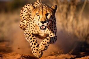 ai generato ghepardo in esecuzione nel il sabbia nel il kruger nazionale parco, Sud Africa, un' ghepardo nel metà sprint chasing suo preda nel il africano savana, ai generato foto