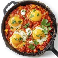 ai generato delizioso shakshuka nel frittura padella isolato su bianca, superiore Visualizza. foto