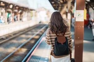 donna turista in attesa treno e visitare nel Kamakura, Kanagawa, Giappone. contento viaggiatore giro turistico kamakura treno stazione. punto di riferimento e popolare per turisti attrazione vicino tokyo. viaggio e vacanza foto