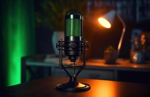 ai generato con un' microfono su un' scrivania nel il ufficio, noi può creare un' Podcast a partire dal registrazione messaggi vocali foto