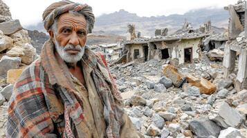 ai generato vecchio anziano arabo uomo nel rovinato città hajjah, yemen. foto