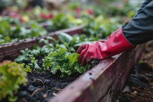 ai generato giardinieri mani piantare e raccolta verdura a partire dal Giardino dietro la casa giardino. giardiniere nel guanti prepara il suolo. foto