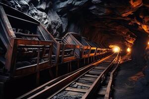 ai generato rotaia trasportatore nel un metropolitana tunnel. mezzi di trasporto di minerale o carbone per il superficie foto