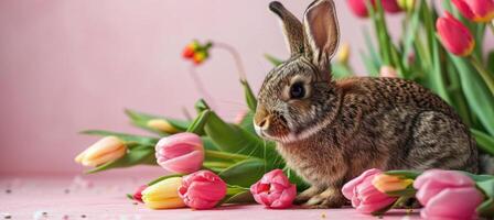 ai generato Pasqua coniglietto con tulipani fiore su un' rosa sfondo foto