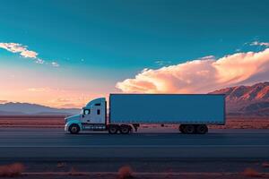 ai generato carico camion nel movimento con un' bianca vuoto trailer su un' autostrada strada nel il unito stati. foto