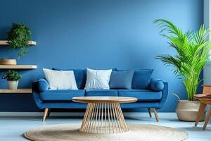 ai generato scandinavo casa interno design di moderno blu vivente camera. il giro caffè tavolo vicino blu divano foto