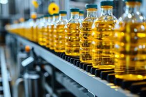 ai generato imbottigliamento linea di girasole olio nel bottiglie. verdura olio produzione pianta. industriale sfondo foto