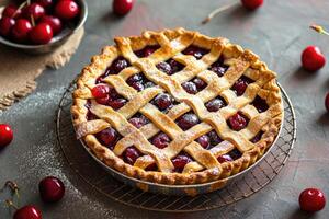 ai generato fatti in casa ciliegia torta su rustico sfondo. foto