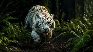 ai generato bianca tigre nel il foresta, panthera tigris altaica. foto