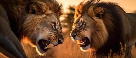 ai generato Due leoni viso per viso nel un' battaglia. foto