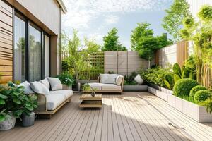 ai generato bellissimo di moderno terrazza con ponte pavimentazione e recinzione, verde in vaso fiori impianti e all'aperto arredamento. accogliente rilassante la zona a casa. foto