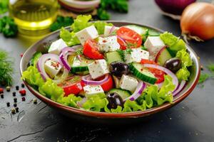 ai generato greco insalata con feta formaggio e oliva olio. greco salutare cibo foto