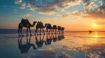 ai generato caravan di cammelli su il sale lago a Alba. foto
