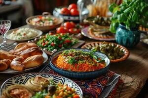 ai generato Ramadan kareem iftar festa tavolo con assortito festivo tradizionale arabo piatti foto