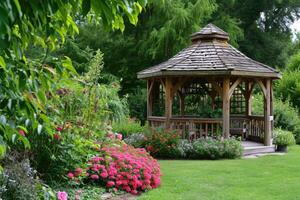 ai generato gazebo con fiori nel e giardino. foto