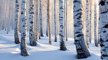 ai generato nevoso tronchi di betulla alberi nel inverno foresta foto