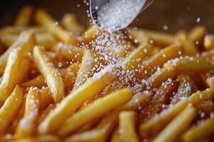 ai generato dettaglio tiro di aggiungendo sale su francese patatine fritte, avvicinamento. foto