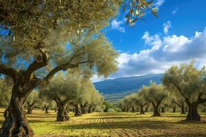 ai generato tradizionale piantagione di oliva alberi. foto